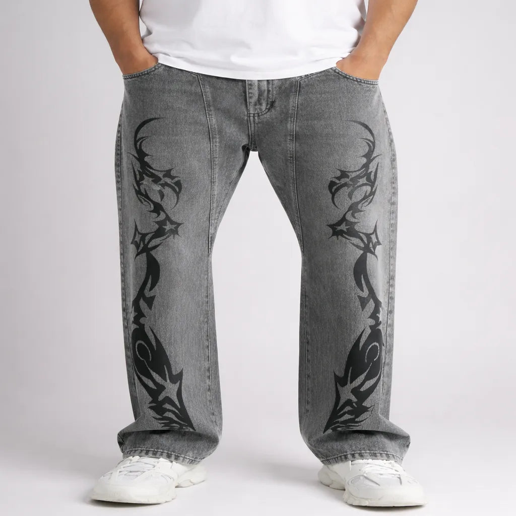 Print Wide-Leg Baggy Jeans